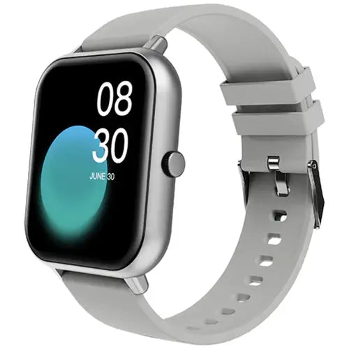 A beige Yolo Epic Bluetooth Calling Smart Watch with a silver-tone case and a gray strap displayed on a white background.