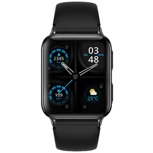 A Yolo Supreme+ Smart Watch with a gold case and a black strap, displaying a digital screen with various health and fitness metrics.