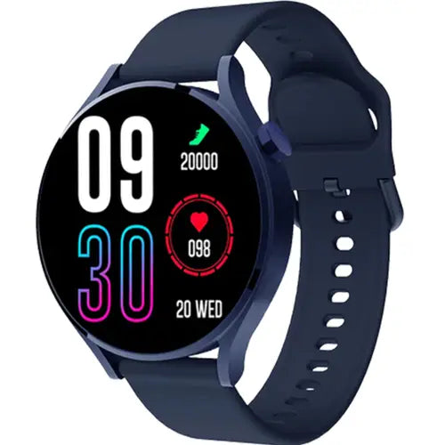 A Yolo Thunder Calling Watch with a blue band and black case, displaying time as 09:30, date as 20 wed, and various colorful icons for fitness tracking and notifications.
