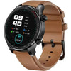 A digital yolo smartwatch with a brown strap and a black case. The watch has a black dial with time indicators, a date display, and a few app icons.