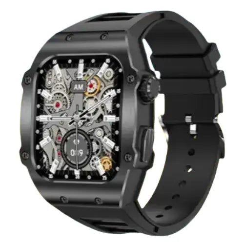 A black Yolo YILLER smartwatch with a silicone band and a detailed mechanical dial.