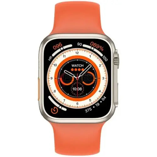 Z55 Ultra Bluetooth A smart watch with a digital dial featuring. The watch has a silver band and orange case with a white background.