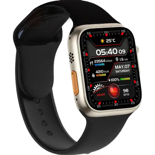 Z59 Ultra black smartwatch with a white band and a digital display showing time and various smart watch notifications.