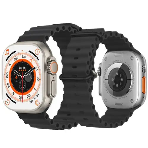 Z68 Ultra a digital smart watch with a black colour band and case, featuring a black dial with orange accents and black hands.