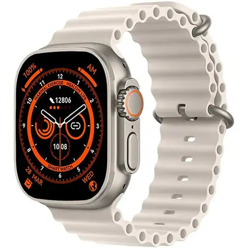 Z68 Ultra a digital smart watch with a white band and case, featuring a black dial with orange accents and black hands.