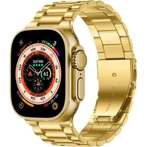 Z76 Ultra gold-colored smartwatch with a metal band and a digital display showing time and various smart watch notifications.