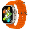 ZK8 Pro Max Ultra orange silicone band smart watch with a silver metal case and a digital display showing time and date.