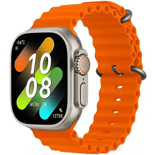 ZK8 Pro Max Ultra orange silicone band smart watch with a silver metal case and a digital display showing time and date.