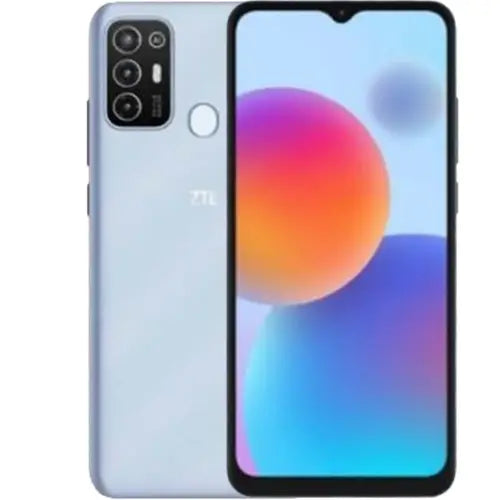 A ZTE Blade A52 smartphone in crystal blue color with a multicolored back cover, visible dual rear cameras, and a fingerprint sensor.