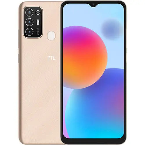 A ZTE Blade A52 smartphone in gold color with a multicolored back cover, visible dual rear cameras, and a fingerprint sensor.