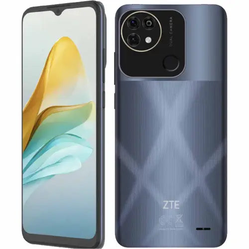 ZTE Blade A53 Pro in midnight blue Smartphone with front and back views showing screen and camera design.