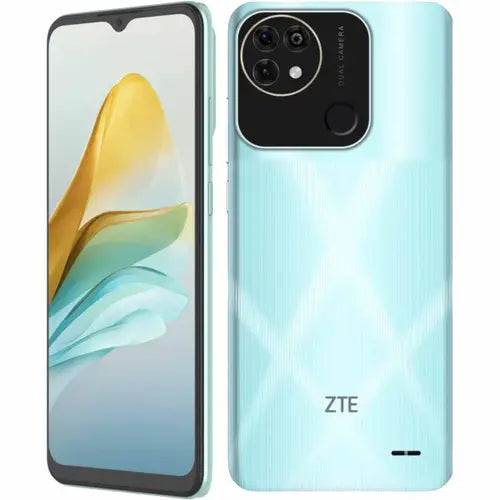 A ZTE Blade A53 Pro smartphone in mint green color, showing the front screen and back camera module.