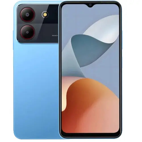 A ZTE Blade A54 smartphone in blue color with a dual camera setup on the back and a display screen.