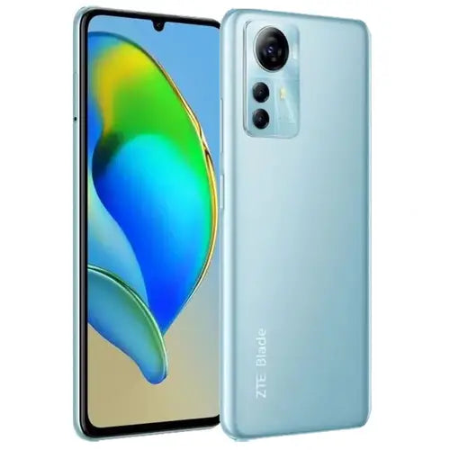 ZTE Blade A72s smartphone in sky blue color with dual rear cameras and a flash. The display shows a colorful graphic wallpaper.