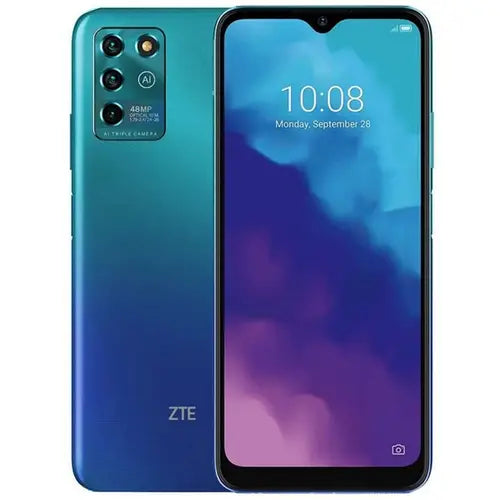 ZTE Blade V30 Vita smartphone in gradient blue color with a clear display and dual camera system on the back.