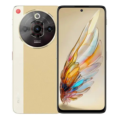 A light brown ZTE Nubia Focus Pro 5G smartphone with a prominent camera module on the back and a colorful graphic on the screen.