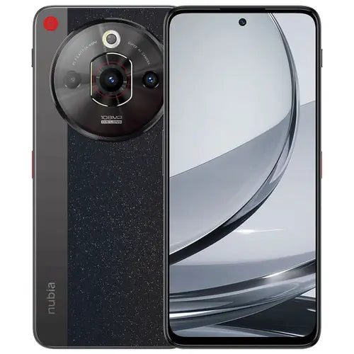The Classic Black color ZTE Nubia Focus Pro 5G Smartphone with camera module and screen display.