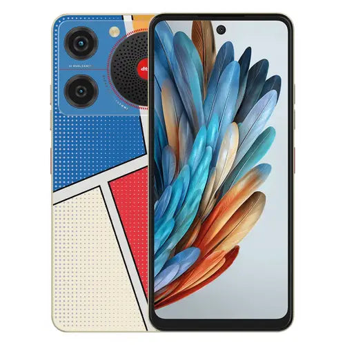 A ZTE Nubia Music smartphone with a multicolored back cover, featuring a camera module with three lenses and a display showing a colorful graphic.