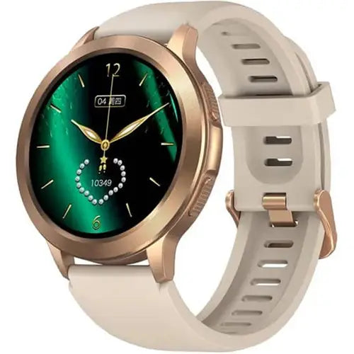 Zeblaze Btalk 2 Calling Watch with a green display and beige strap on a white background