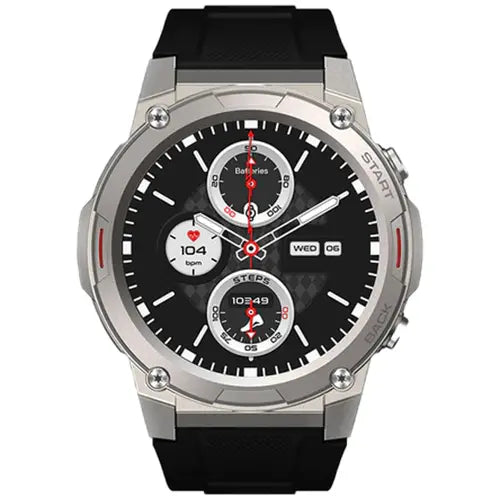 Zeblaze Voice Calling Smartwatch Vibe7 Pro with a black strap and silver case on a white background