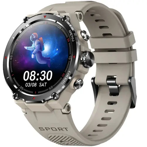 Zero Armour A digital smart watch with a Misty Grey band and Misty Grey color case. The watch has a round display showing time and various smart watch features.
