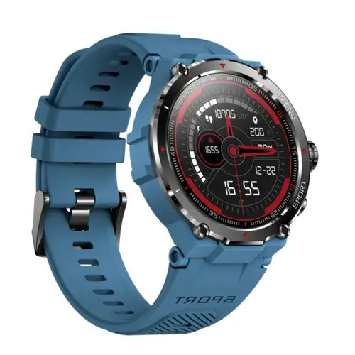 Zero Armour A blue digital smartwatch with a silicone band and a display showing the time and date.