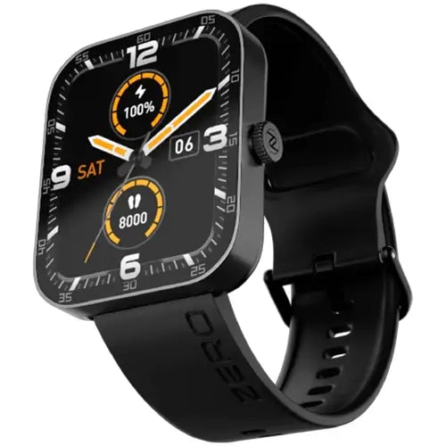 Zero Bolt A digital smart watch with a black square face and a jet black band. The watch face displays time, battery percentage, and step count.
Midnight Blue