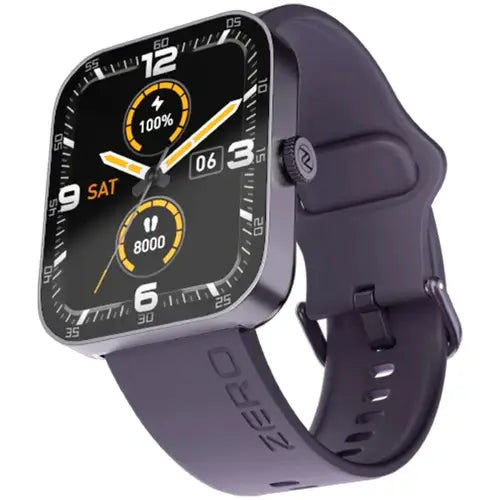 Zero Bolt A digital smart watch with a black square face and a graphite mauve band. The watch face displays time, battery percentage, and step count.