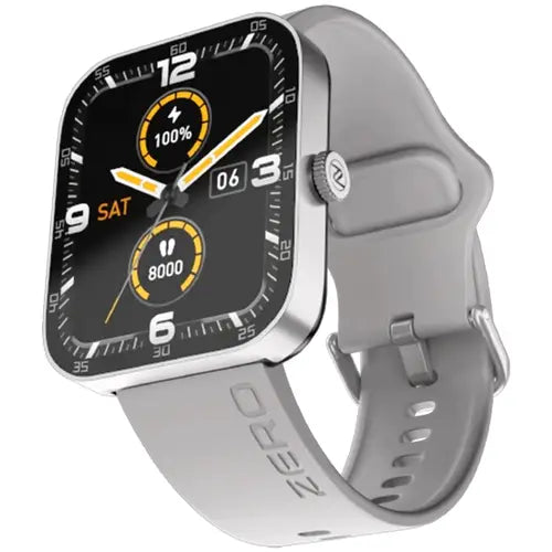Zero Bolt A digital smart watch with a black square face and a pearl grey band. The watch face displays time, battery percentage, and step count.
Midnight Blue