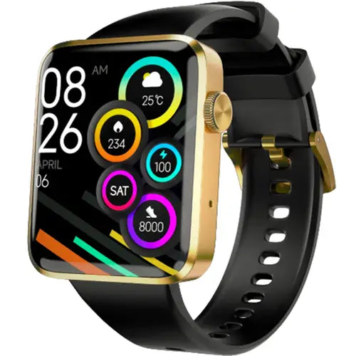 zero caliber pro A black gold-colored smartwatch with a black strap and a digital display showing heart rate and battery percentage.
