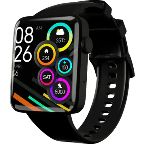 zero caliber pro A black-colored smartwatch with a black strap and a digital display showing heart rate and battery percentage.