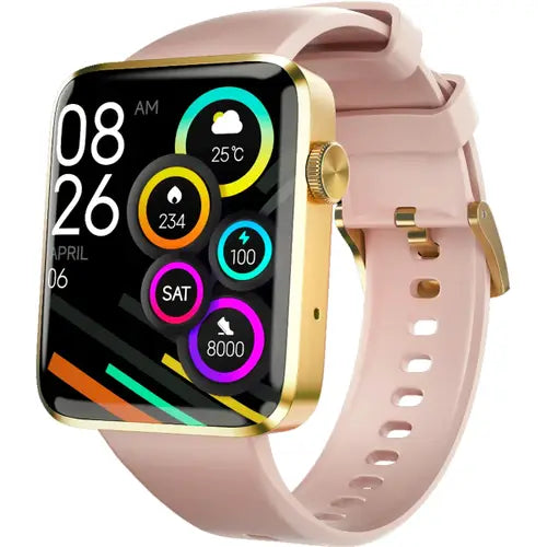 zero caliber pro A rose gold-colored smartwatch with a rose gold strap and a digital display showing heart rate and battery percentage.