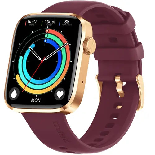zero caliber pro A gold-colored smartwatch with a red berry strap and a digital display showing heart rate and battery percentage.
