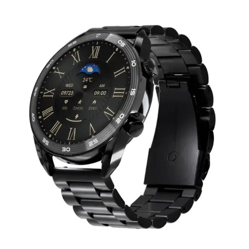 Zero Crown smartwatch with a black display, black metal band, and black case.