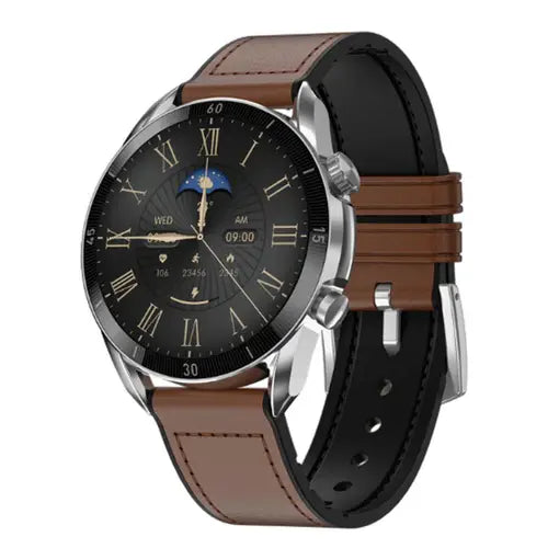 Zero Crown smartwatch with a black display, brown leather band, and silver case.