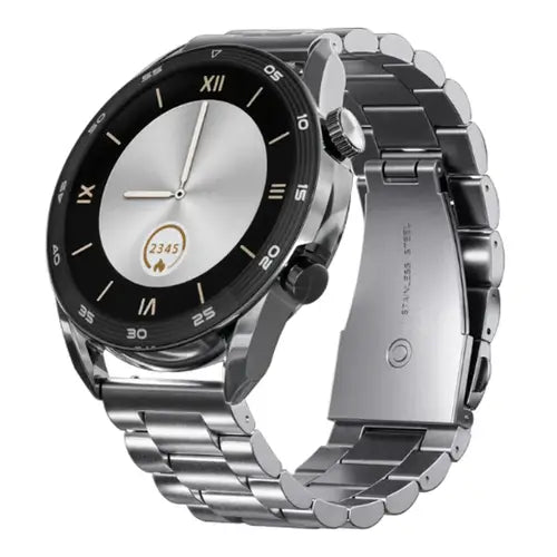 Zero Crown smartwatch with a black display, silver metal band, and silver case.