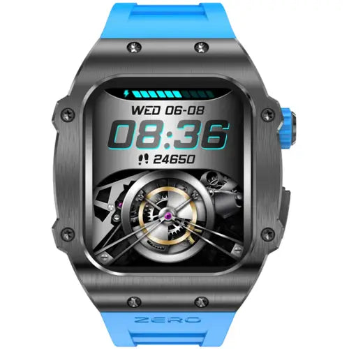Zero Drift A digital smart watch with a black case and light blue strap, featuring a complex mechanical dial design.