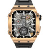 Zero Drift A digital smart watch with a golden case and black strap, featuring a complex mechanical dial design.