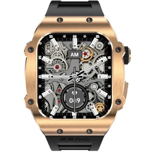 Zero Drift A digital smart watch with a golden case and black strap, featuring a complex mechanical dial design.