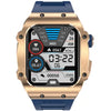 Zero Drift A digital smart watch with a golden case and blue strap, featuring a complex mechanical dial design.