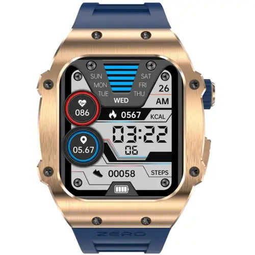 Zero Drift A digital smart watch with a golden case and blue strap, featuring a complex mechanical dial design.