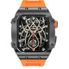 Zero Drift A digital smart watch with a black case and an orange strap, featuring a complex mechanical dial design.