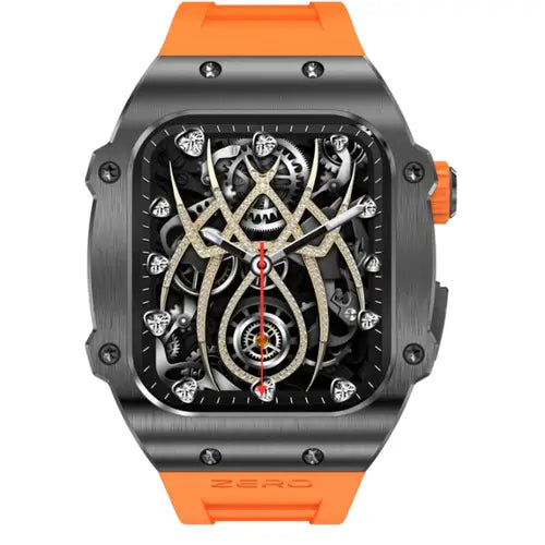 Zero Drift A digital smart watch with a black case and an orange strap, featuring a complex mechanical dial design.