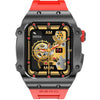 Zero Drift A digital smart watch with a black case and red strap, featuring a complex mechanical dial design.