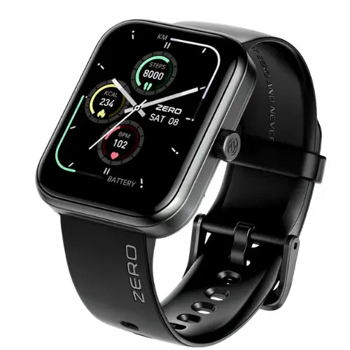 Zero Edge A jet black smartwatch with a silicone band and a digital display showing the time and various smart watch notifications.