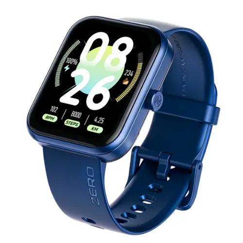 Zero Edge A midnight blue smartwatch with a silicone band and a digital display showing the time and various smart watch notifications.