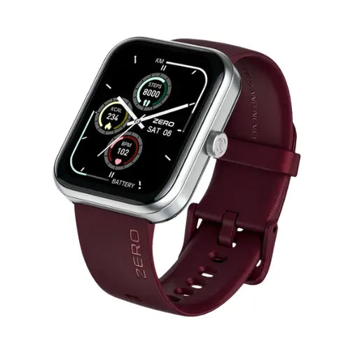 Zero Edge A red berry and silver smartwatch with a silicone band and a digital display showing the time and various smart watch notifications.