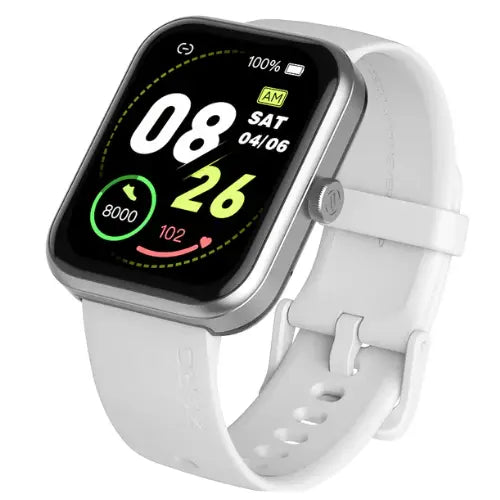 Zero Edge A white smartwatch with a silicone band and a digital display showing the time and various smart watch notifications.