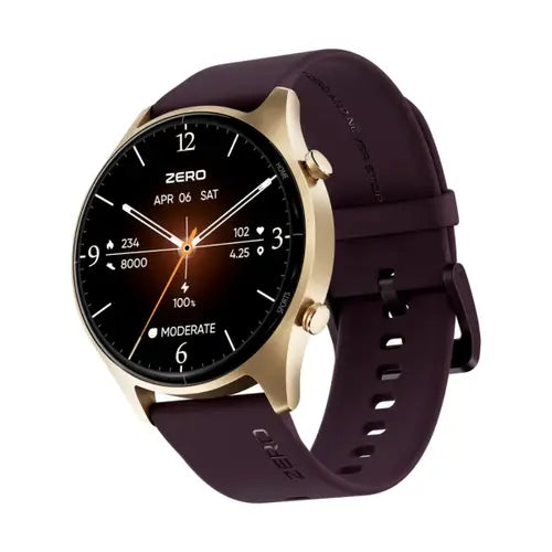 Zero Icon A digital smartwatch with a black display and a purple strap, showing time and smart notifications.