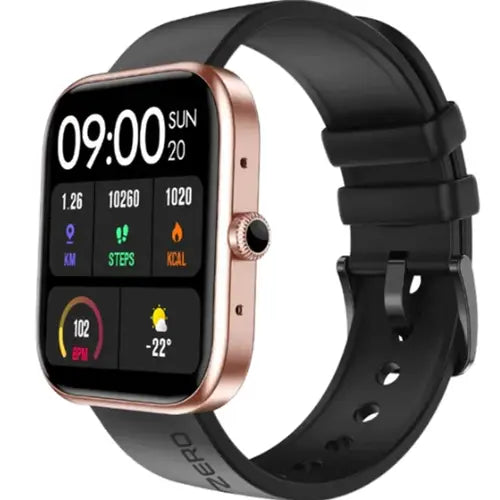 Zero Ignite A black analog smartwatch with a digital display showing time and fitness metrics, with a black silicone band and a gold metal case.